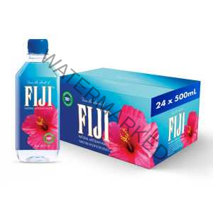 A bottle of Fiji water 500ml placed next to its box.