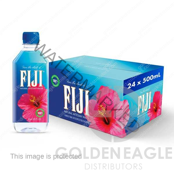 A bottle of Fiji water 500ml placed next to its box.