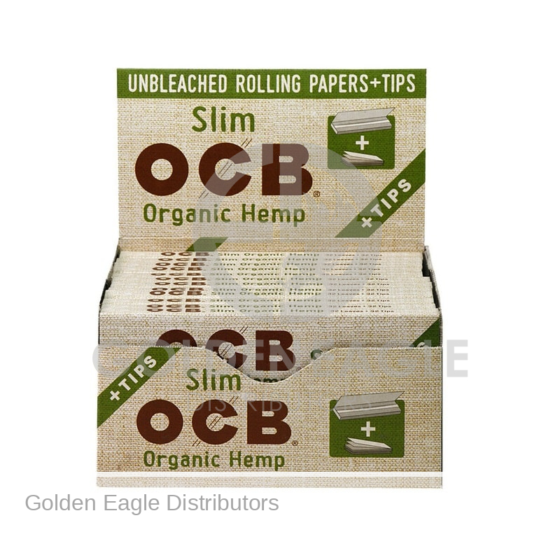 OCB - Organic Hemp ROLLING PAPERS Single Slim + Tips - 24 / Display