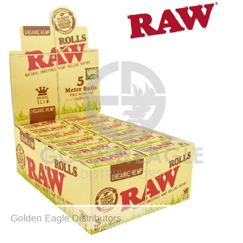 RAW - Organic ROLLING PAPER King Size 5 Meter Rolls - 24 / Display